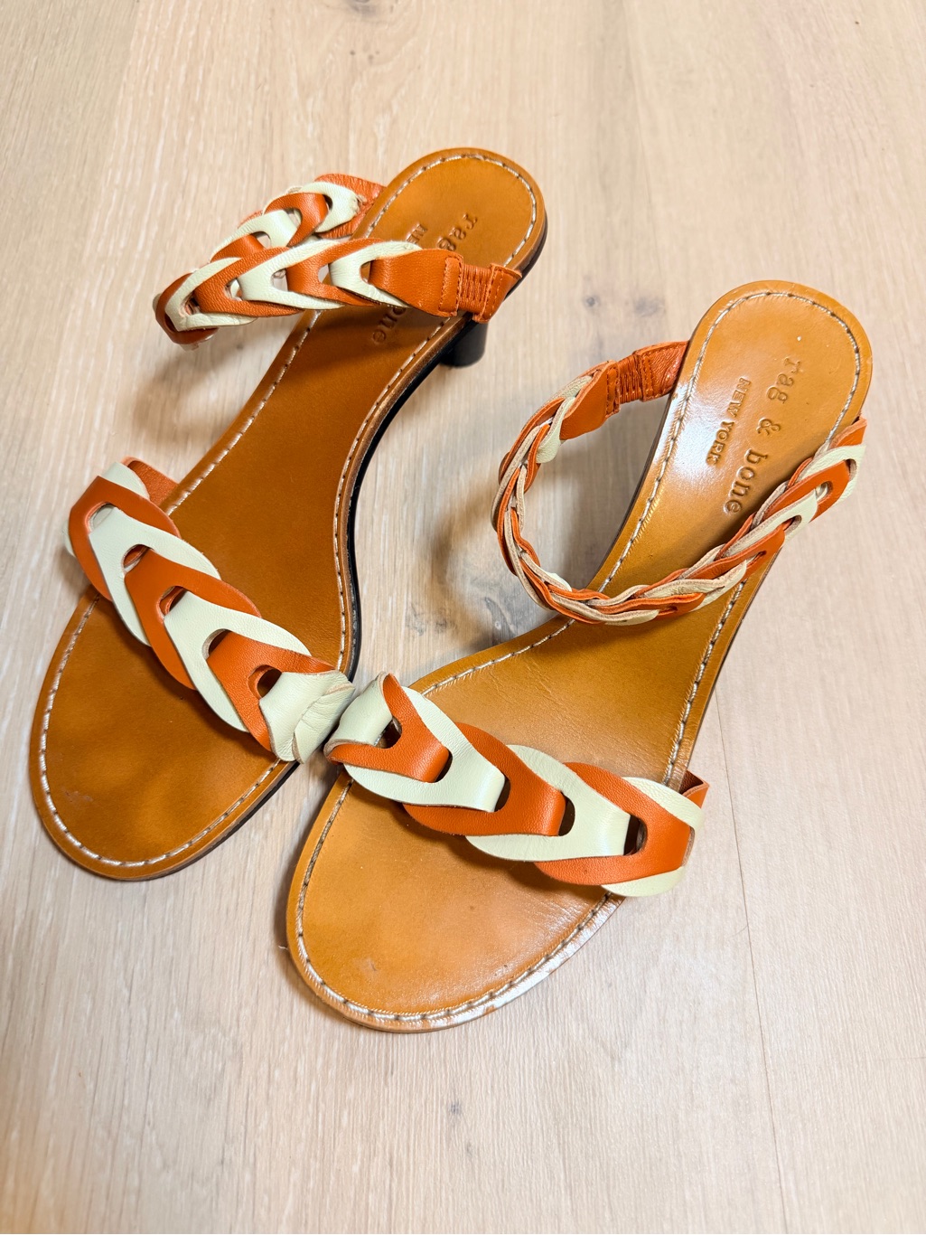 Rag & Bone Tan Brown & White Braided Leather Heel Sandals Size 38.5